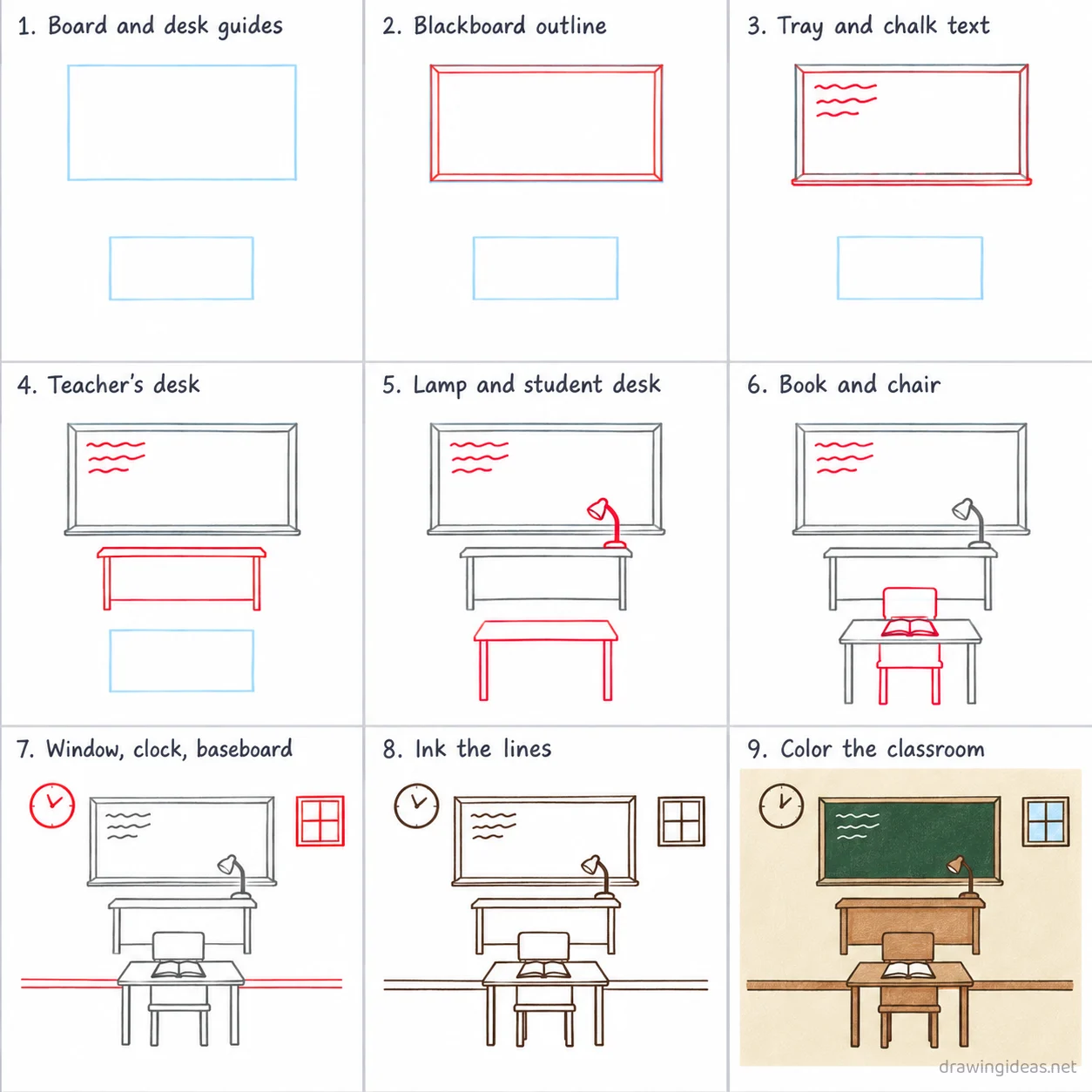 How to draw a classroom step by step — 9-step classroom drawing tutorial sheet
