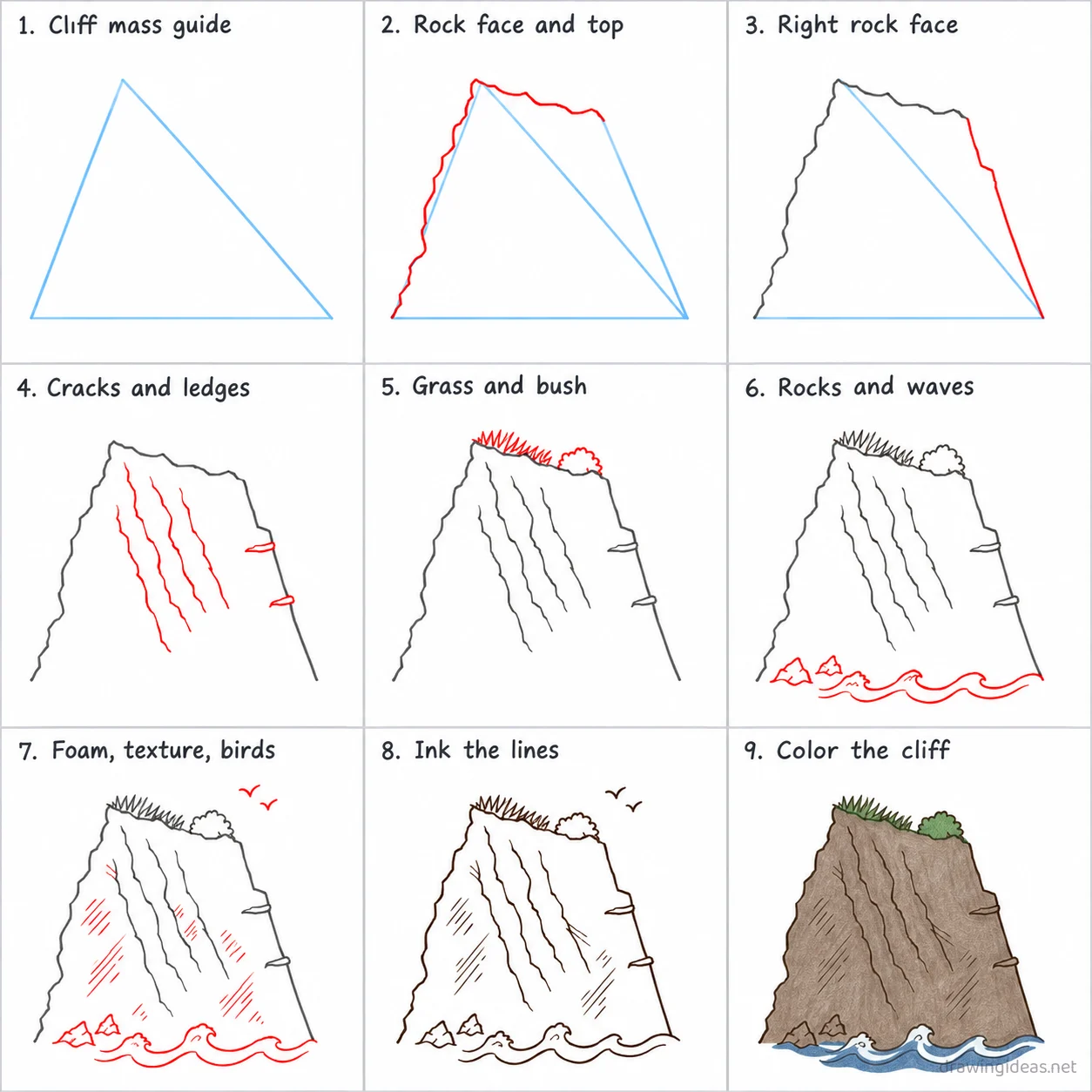 How to draw a cliff step by step — 9-step cliff drawing tutorial sheet