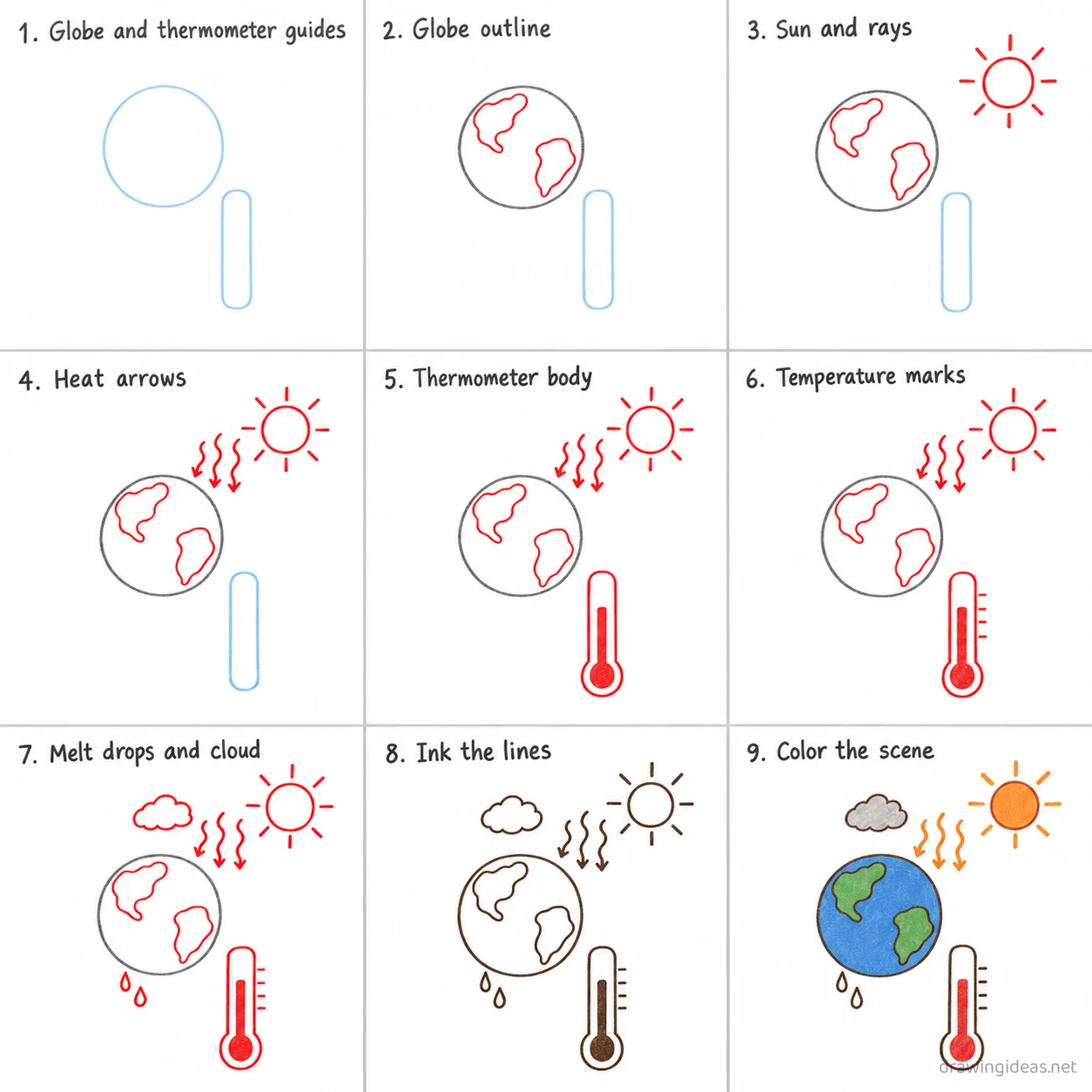 How to draw a climate change step by step — 9-step climate change drawing tutorial sheet