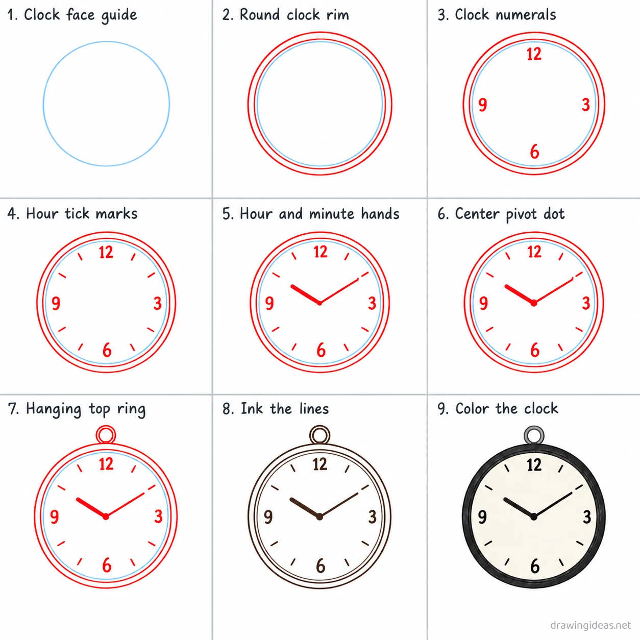 How to draw a clock step by step — 9-step clock drawing tutorial sheet