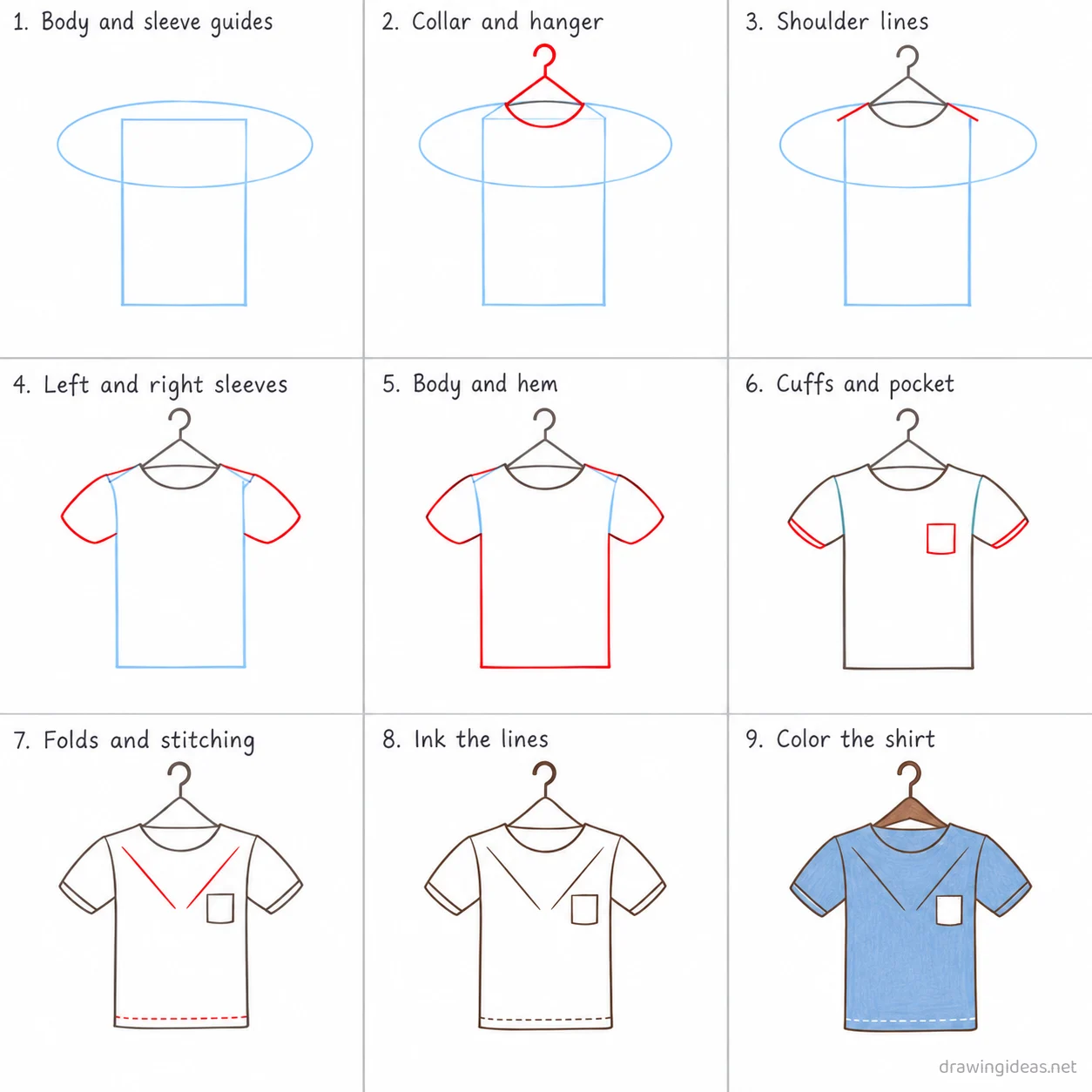 How to draw clothes step by step — 9-step clothes drawing tutorial sheet