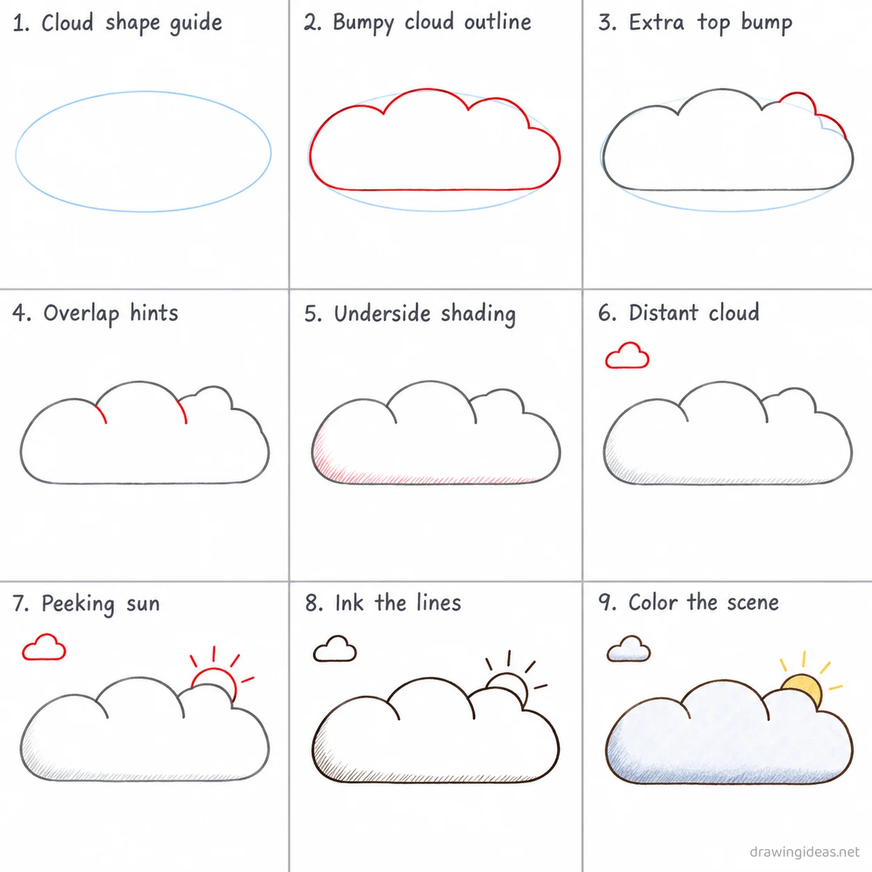 How to draw a cloud step by step — 9-step cloud drawing tutorial sheet