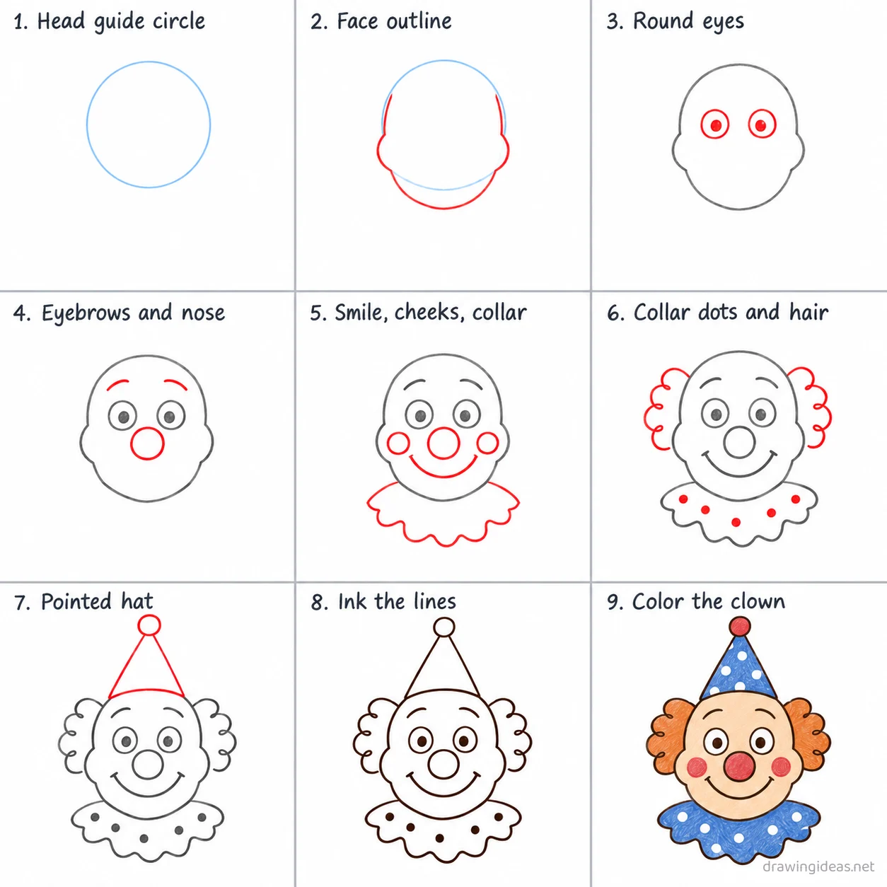 How to draw a clown step by step — 9-step clown drawing tutorial sheet