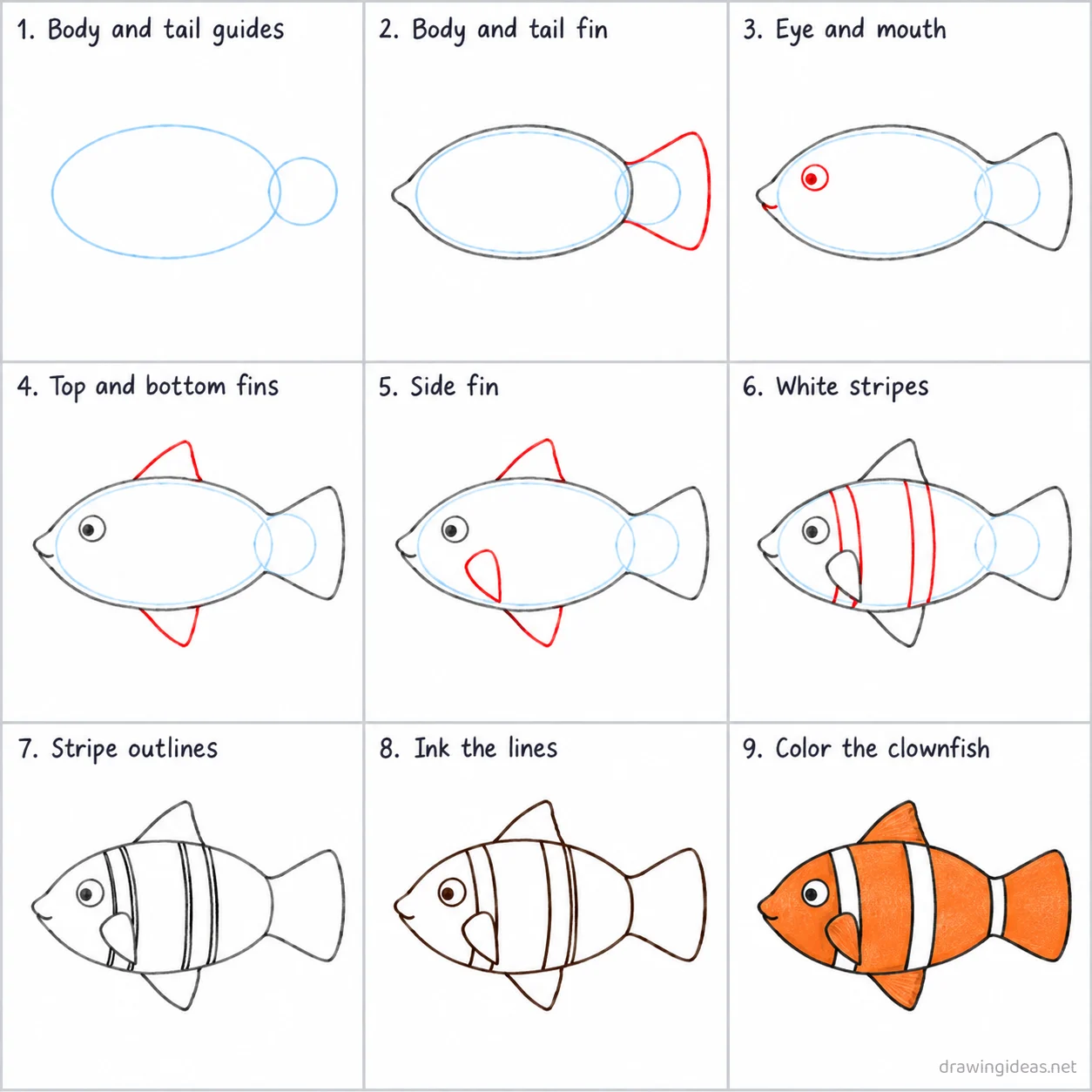 How to draw a clownfish step by step — 9-step clownfish drawing tutorial sheet