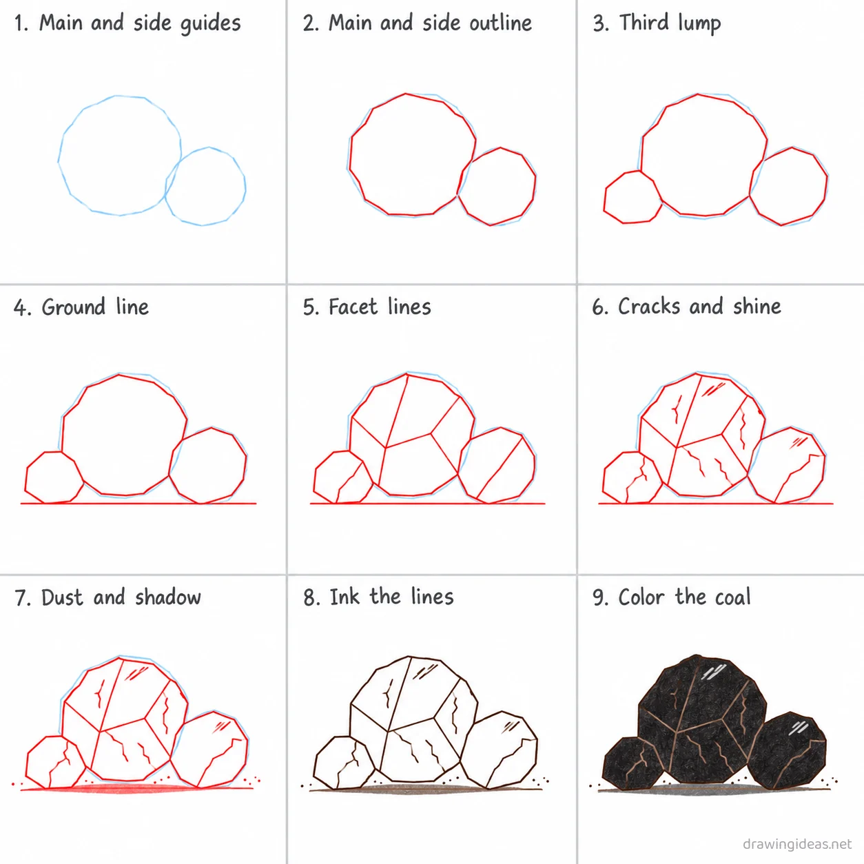 How to draw coal step by step — 9-step coal drawing tutorial sheet