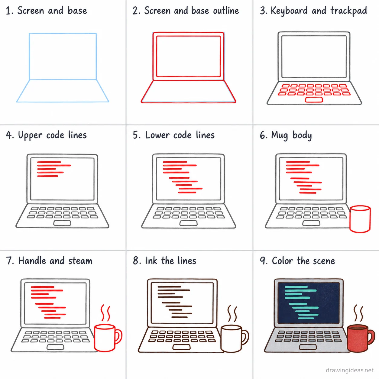 How to draw code step by step — 9-step code drawing tutorial sheet