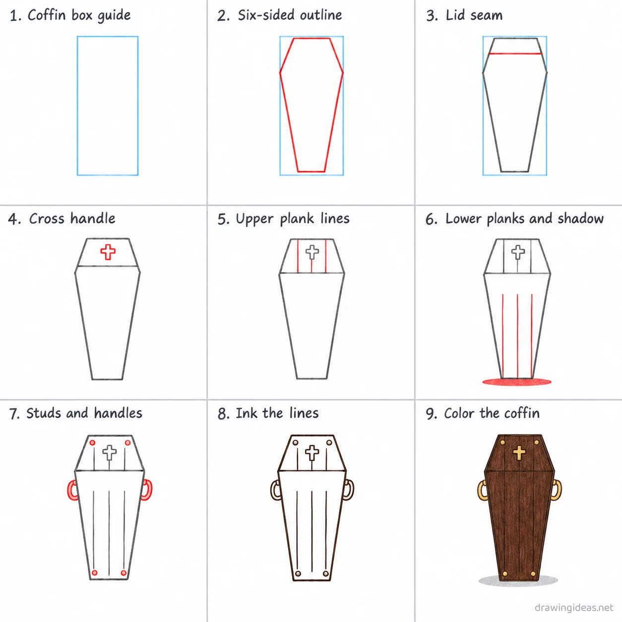 How to draw a coffin step by step — 9-step coffin drawing tutorial sheet
