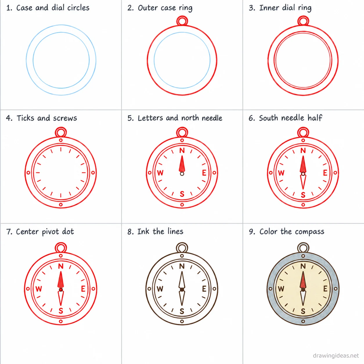 How to draw a compass step by step — 9-step compass drawing tutorial sheet