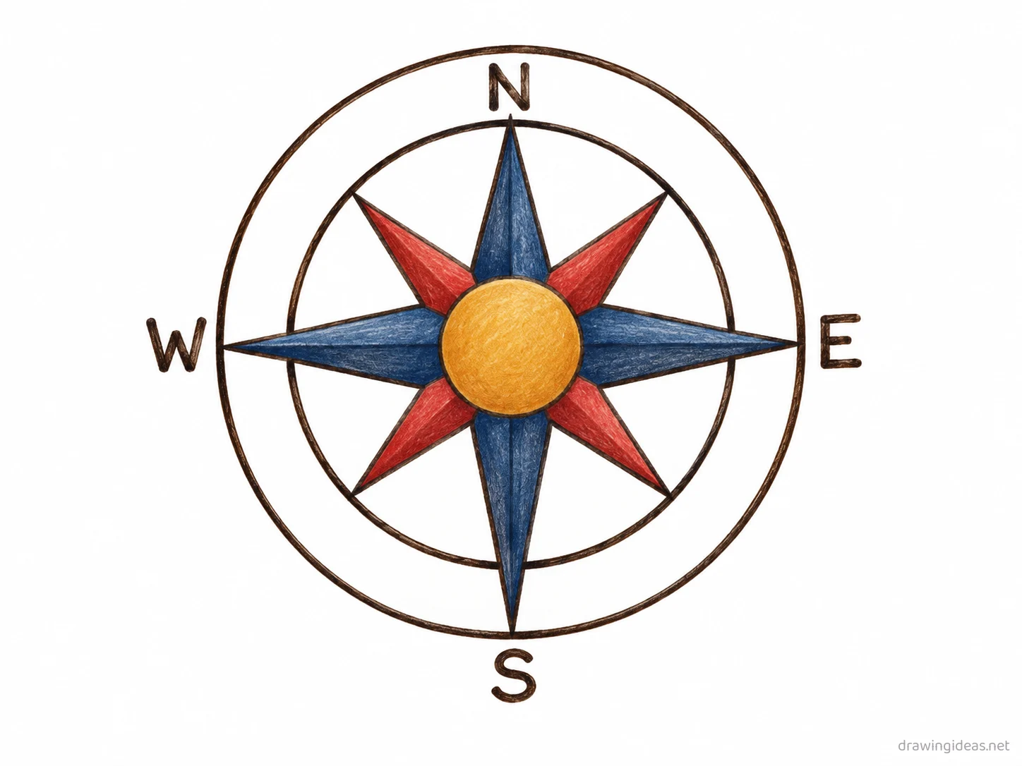 Compass Rose drawing — hand-drawn compass rose illustration with ink lines and soft colors