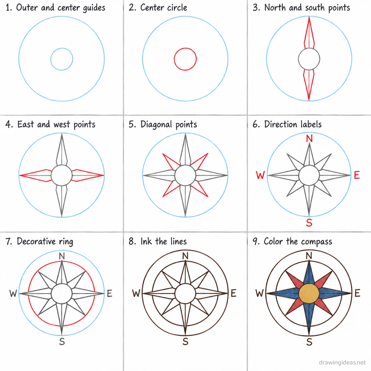 How to draw a compass rose step by step — 9-step compass rose drawing tutorial sheet