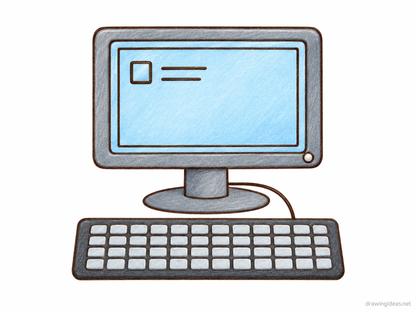 Computer drawing — hand-drawn computer illustration with ink lines and soft colors