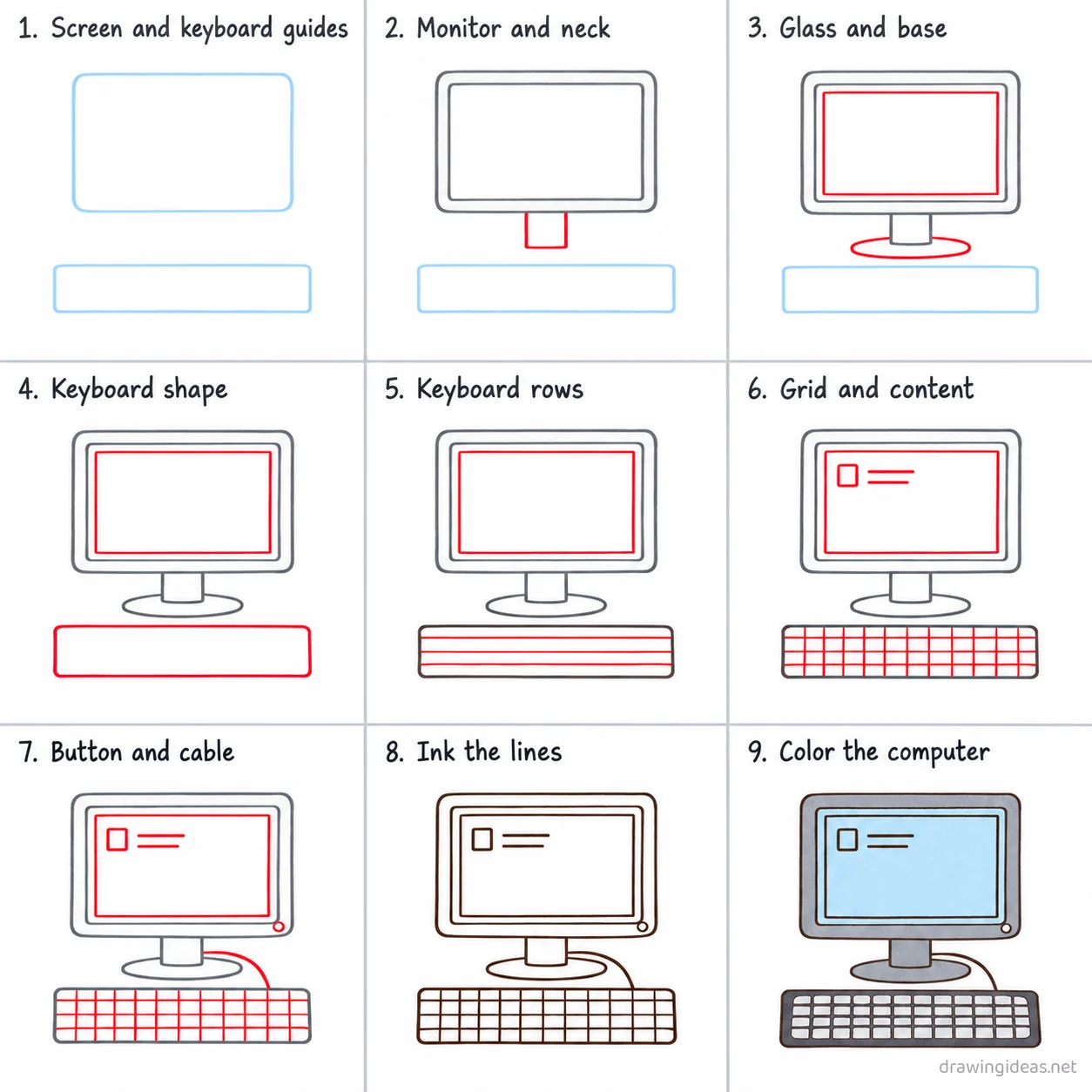 How to draw a computer step by step — 9-step computer drawing tutorial sheet