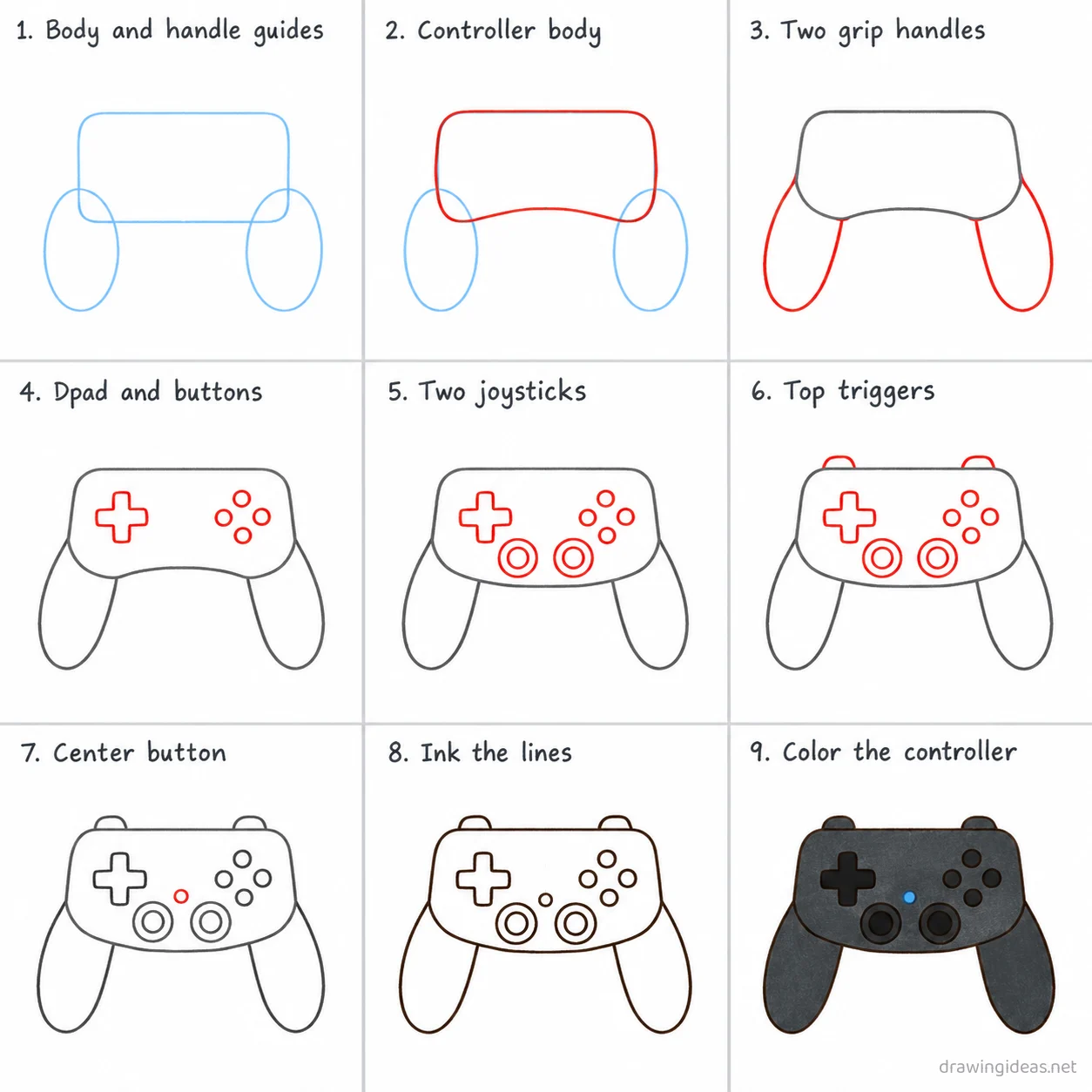 How to draw a controller step by step — 9-step controller drawing tutorial sheet