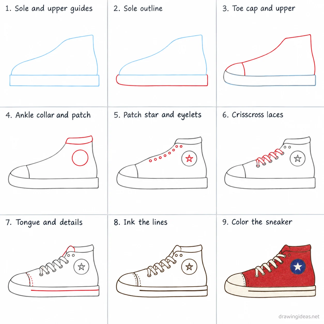 How to draw a converse step by step — 9-step converse drawing tutorial sheet