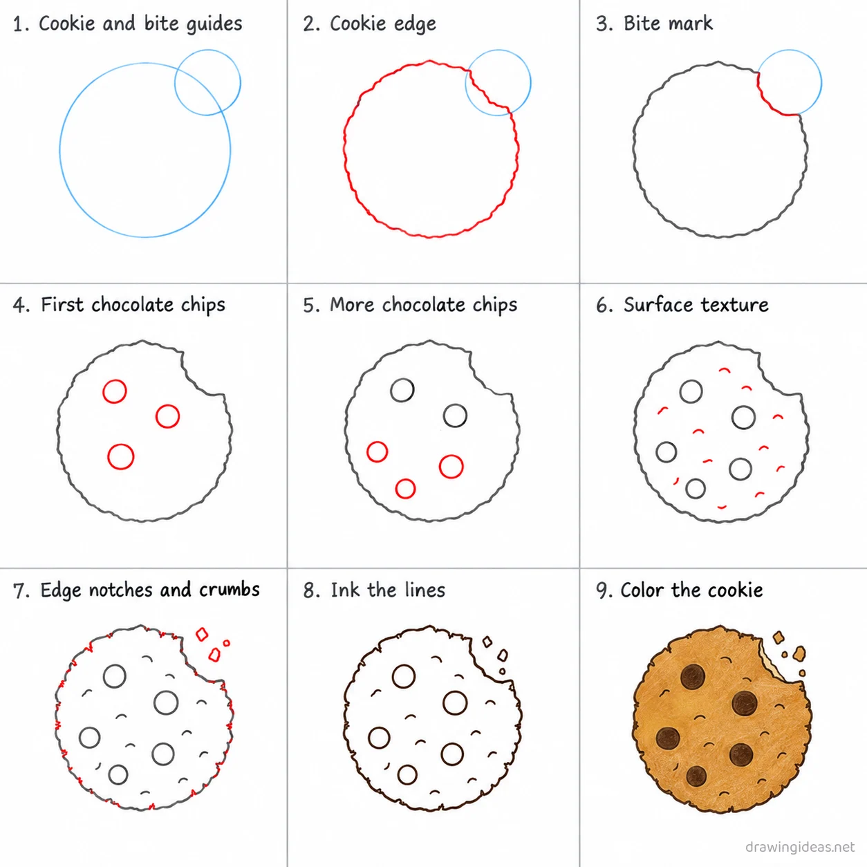 How to draw a cookie step by step — 9-step cookie drawing tutorial sheet