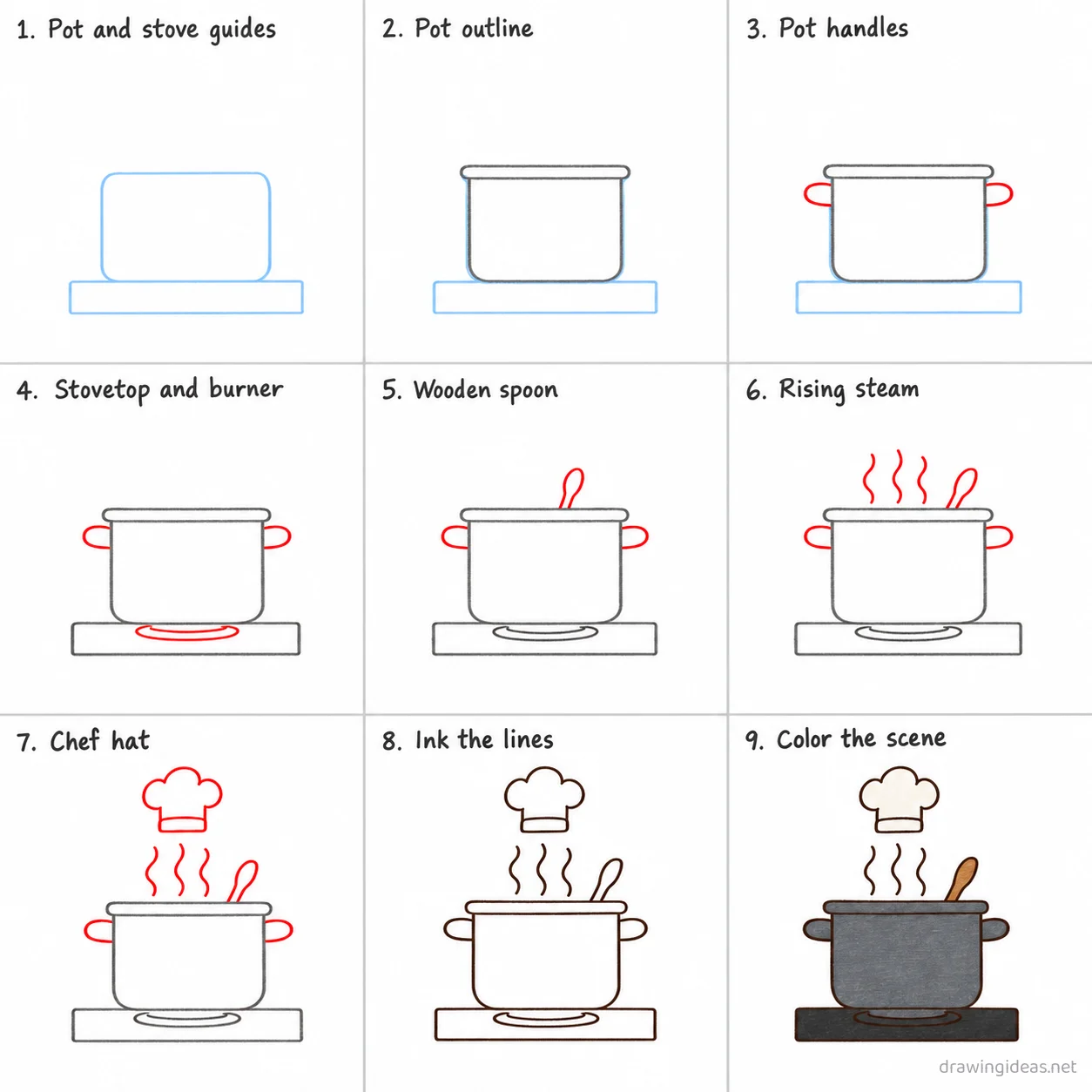 How to draw cooking step by step — 9-step cooking drawing tutorial sheet
