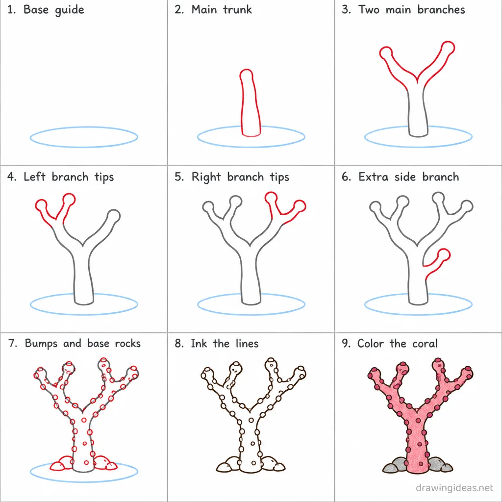 How to draw a coral step by step — 9-step coral drawing tutorial sheet