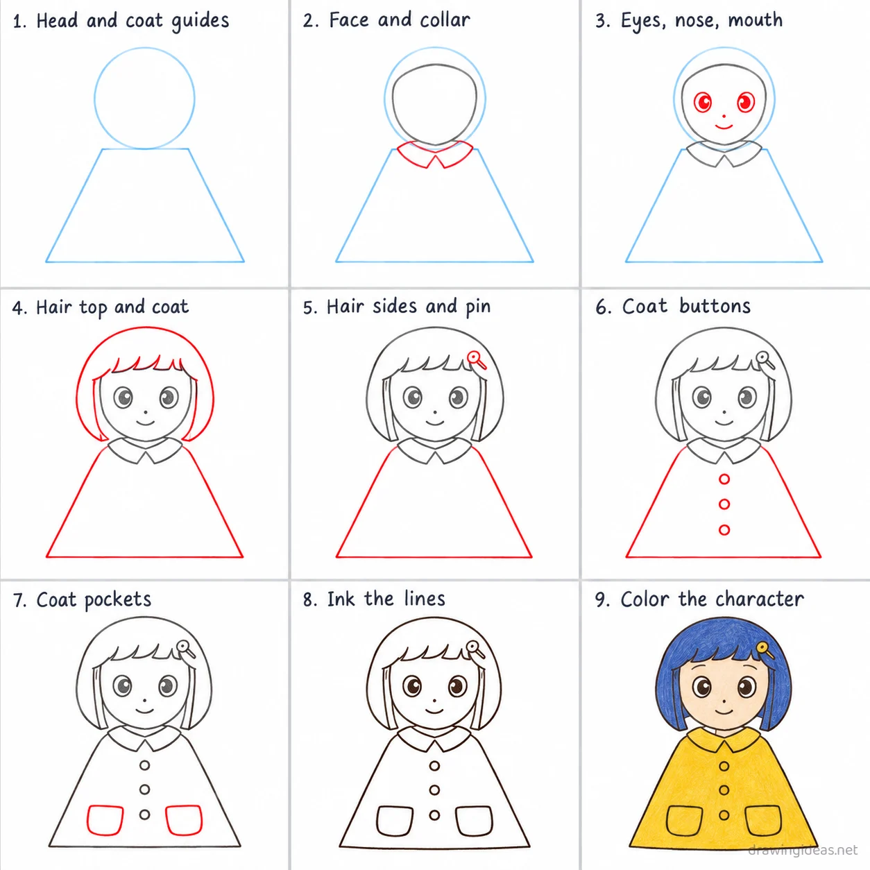 How to draw Coraline step by step — 9-step Coraline drawing tutorial sheet