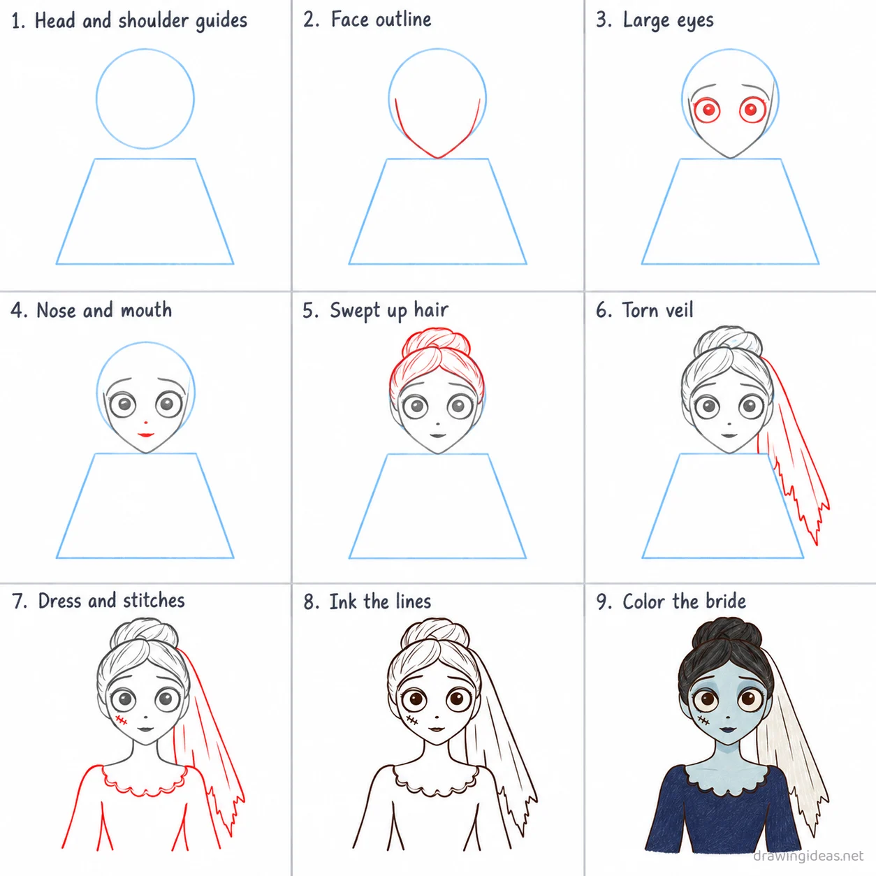 How to draw Corpse Bride step by step — 9-step Corpse Bride drawing tutorial sheet