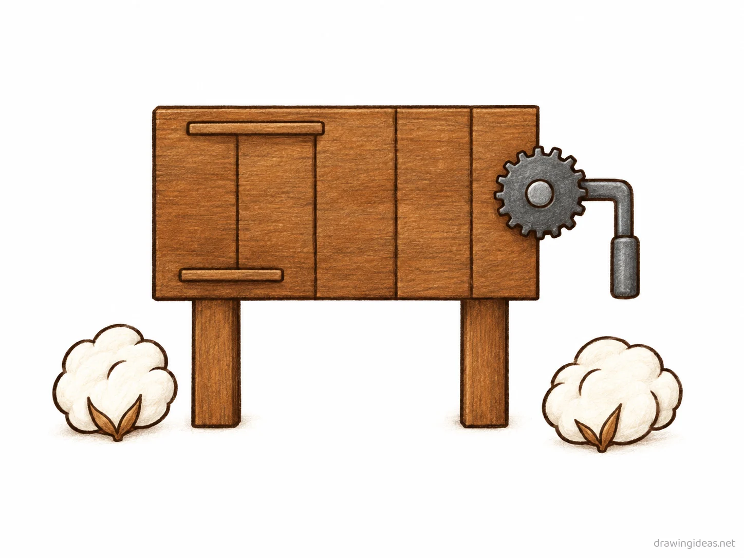 Cotton Gin drawing — hand-drawn cotton gin illustration with ink lines and soft colors