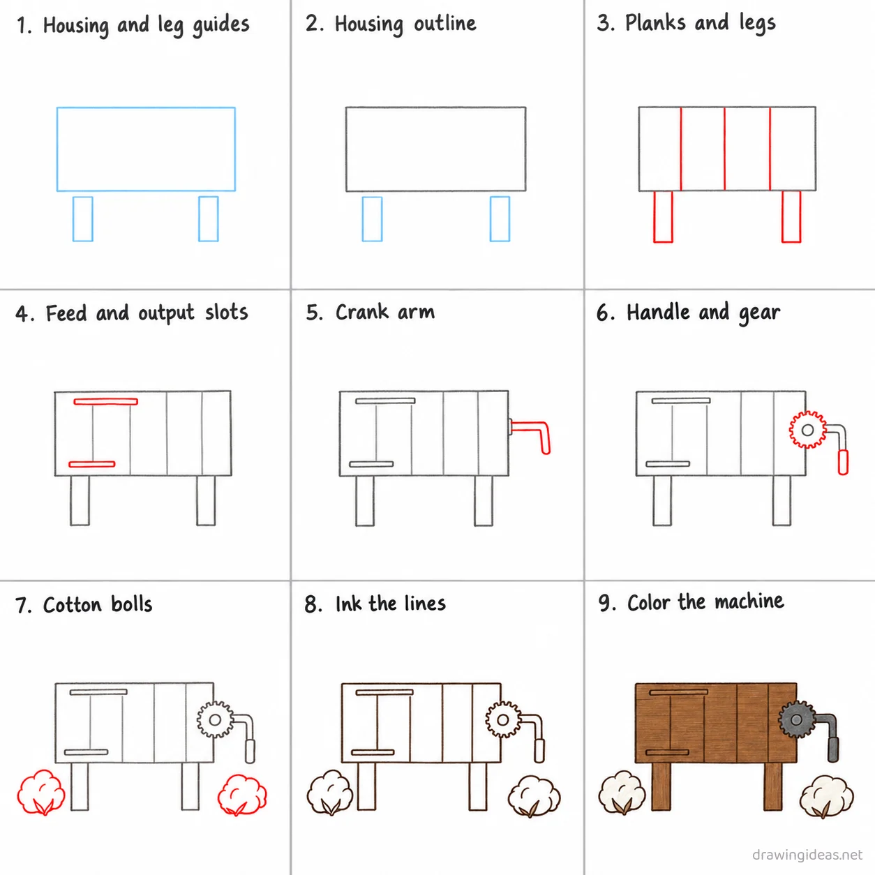 How to draw a cotton gin step by step — 9-step cotton gin drawing tutorial sheet