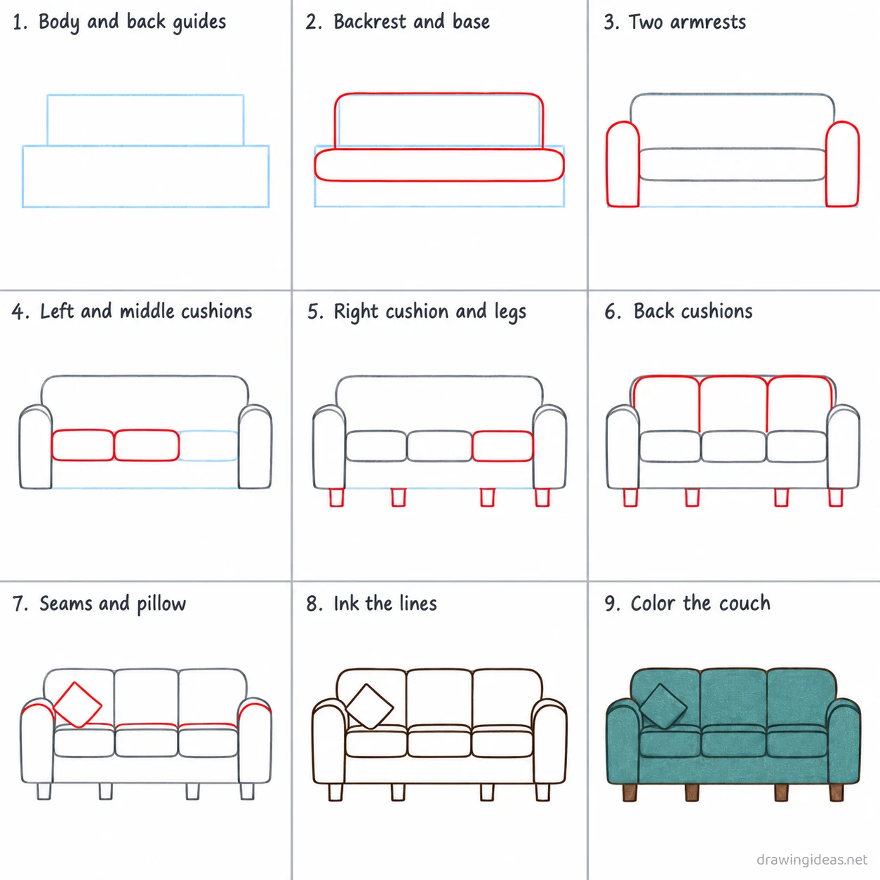How to draw a couch step by step — 9-step couch drawing tutorial sheet