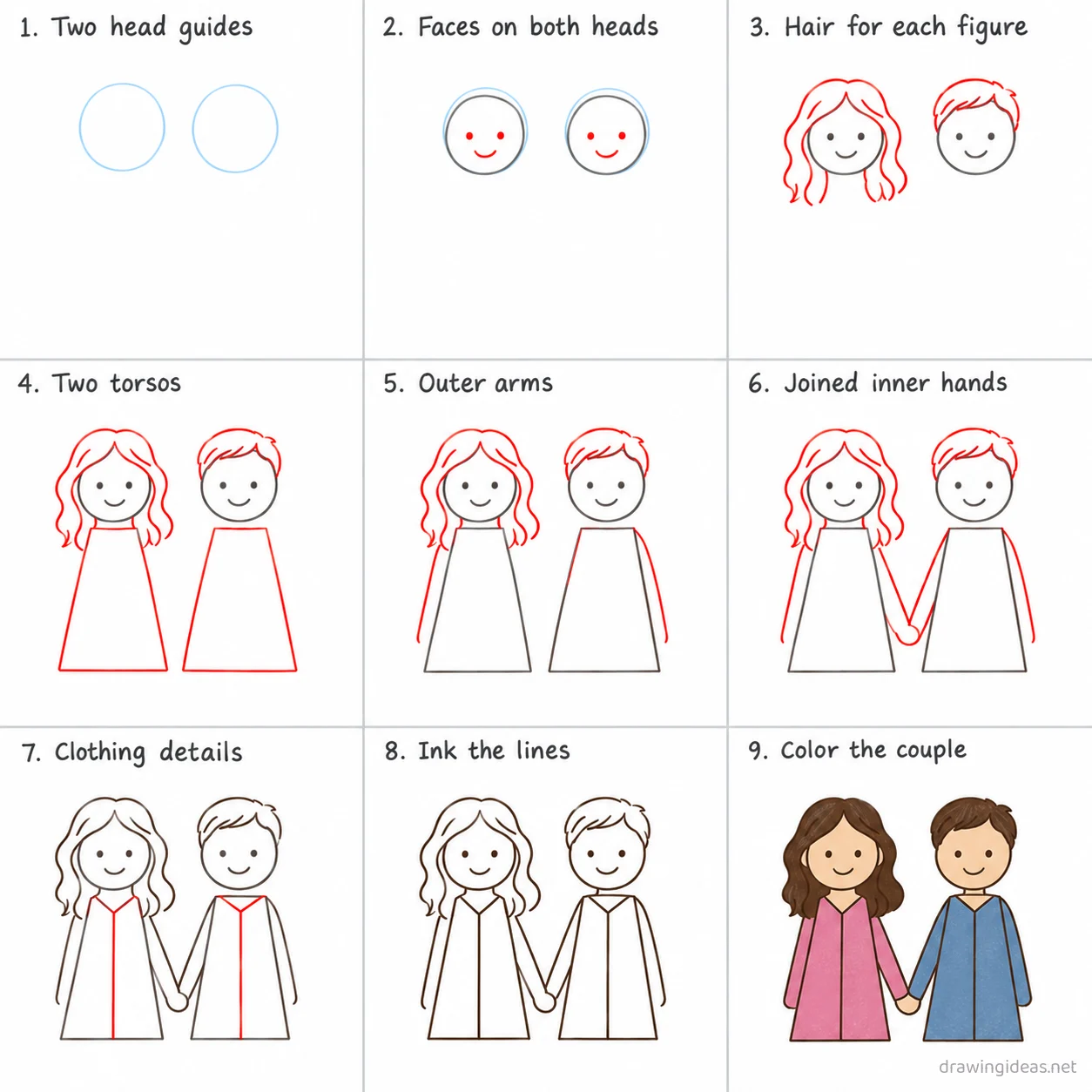 How to draw a couple step by step — 9-step couple drawing tutorial sheet