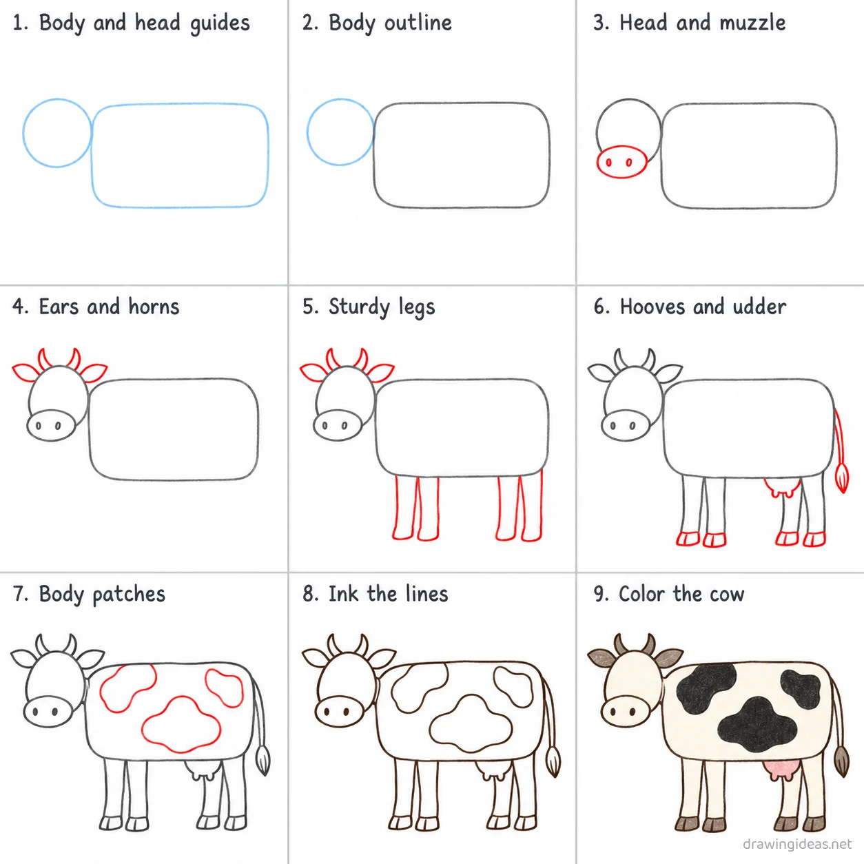 How to draw a cow step by step — 9-step cow drawing tutorial sheet