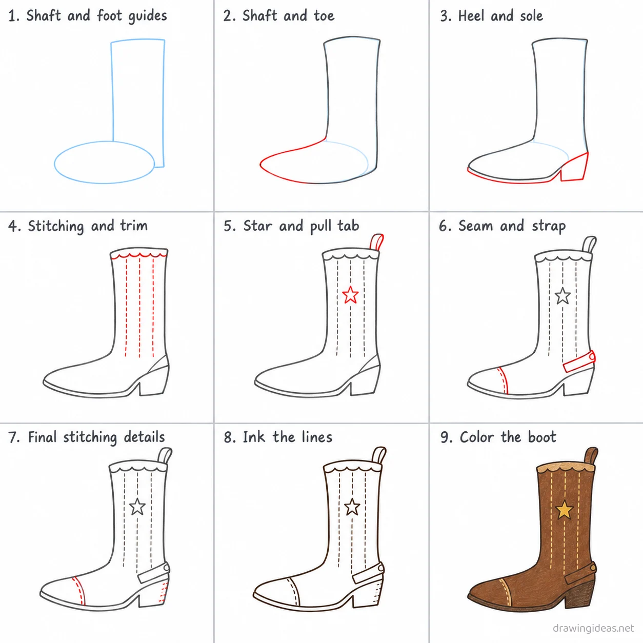 How to draw a cowboy boot step by step — 9-step cowboy boot drawing tutorial sheet