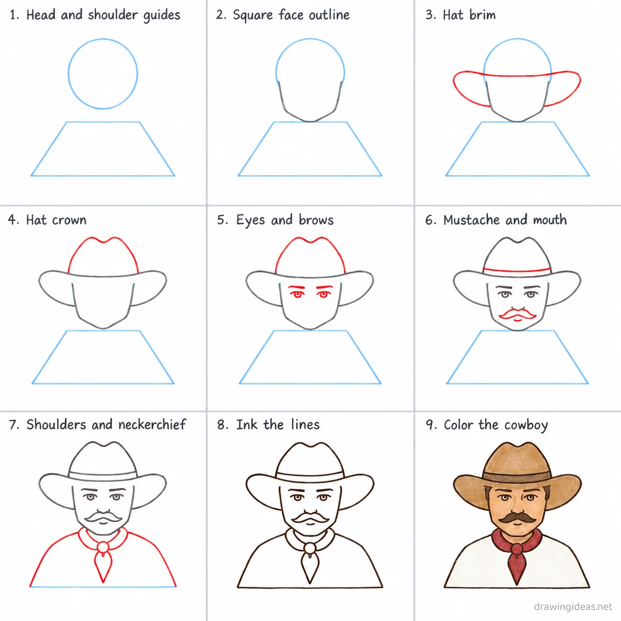 How to draw a cowboy step by step — 9-step cowboy drawing tutorial sheet
