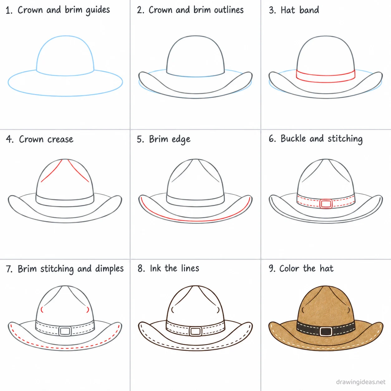 How to draw a cowboy hat step by step — 9-step cowboy hat drawing tutorial sheet