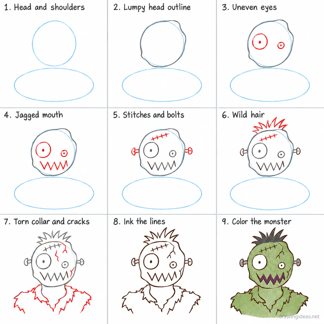How to draw a creepy step by step — 9-step creepy drawing tutorial sheet