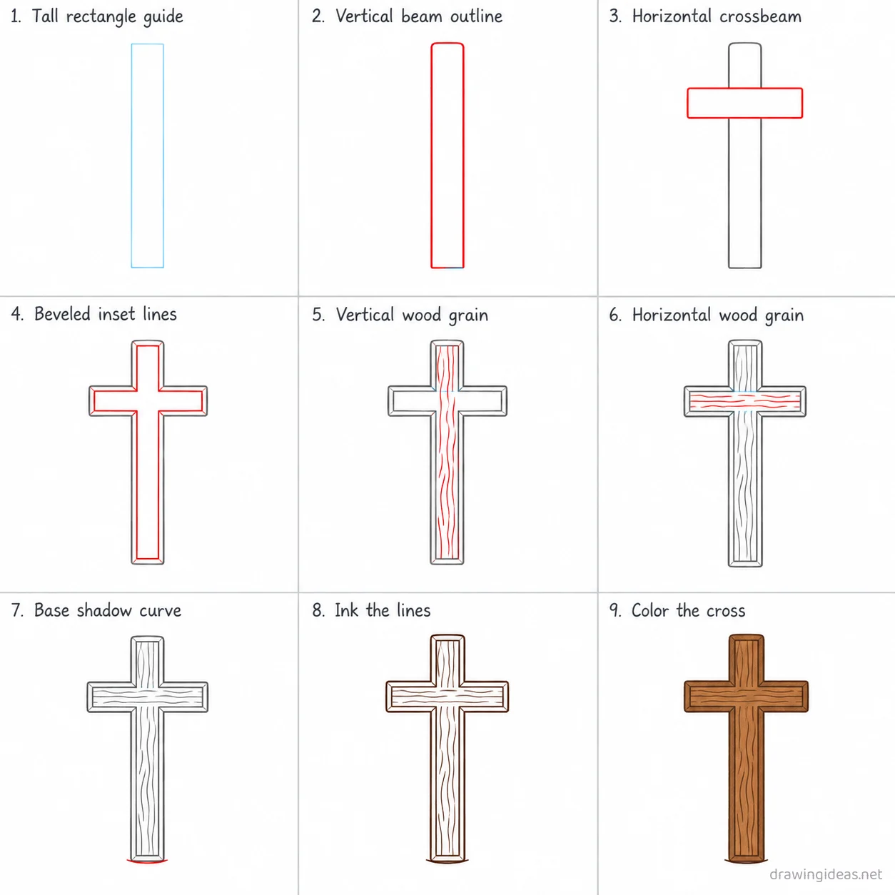 How to draw a cross step by step — 9-step cross drawing tutorial sheet