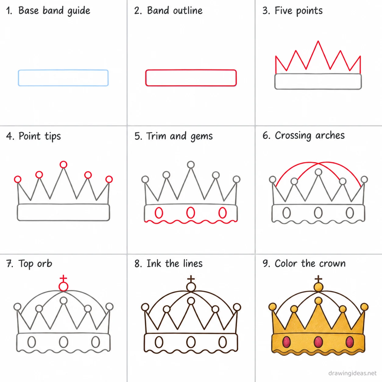 How to draw a crown step by step — 9-step crown drawing tutorial sheet