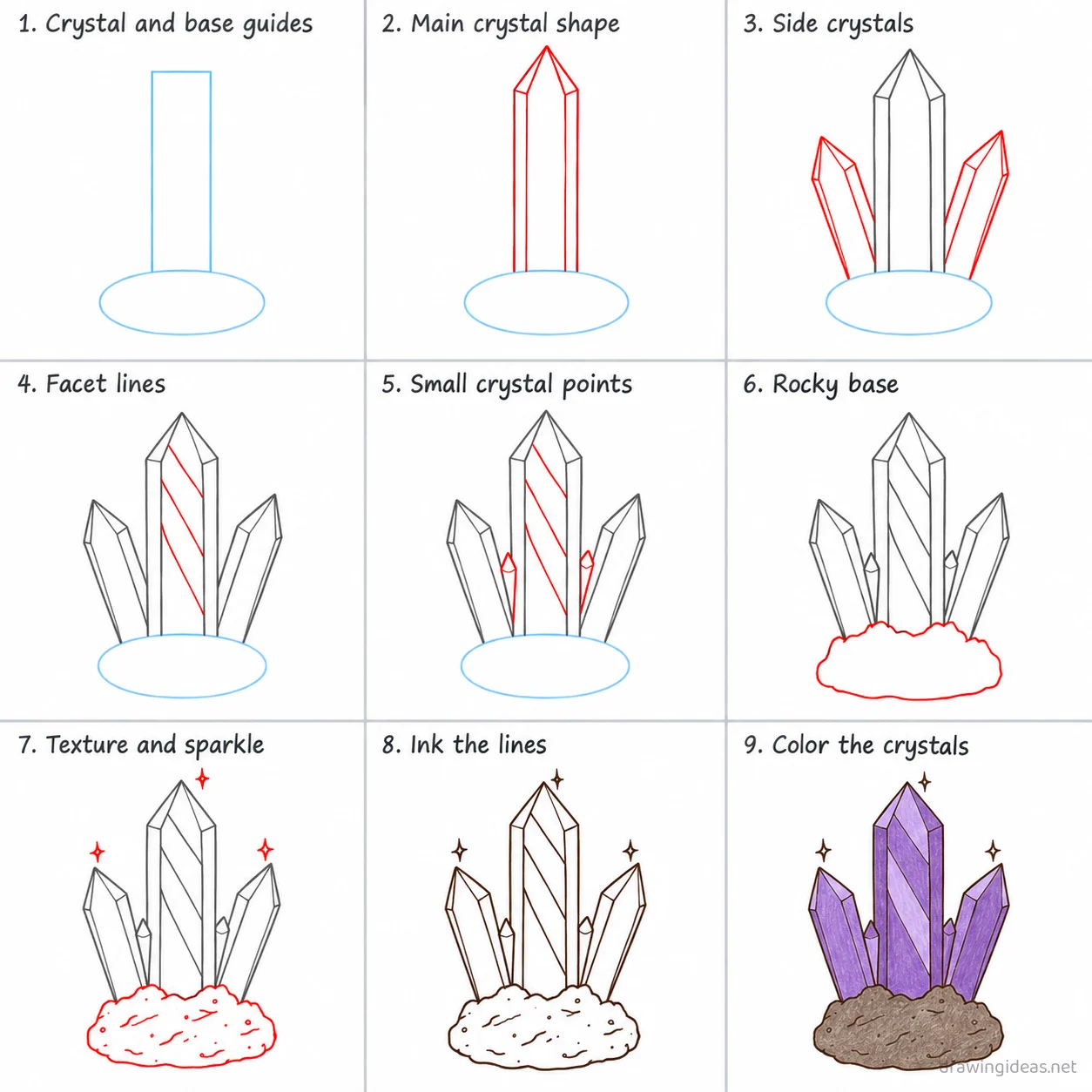 How to draw a crystal step by step — 9-step crystal drawing tutorial sheet