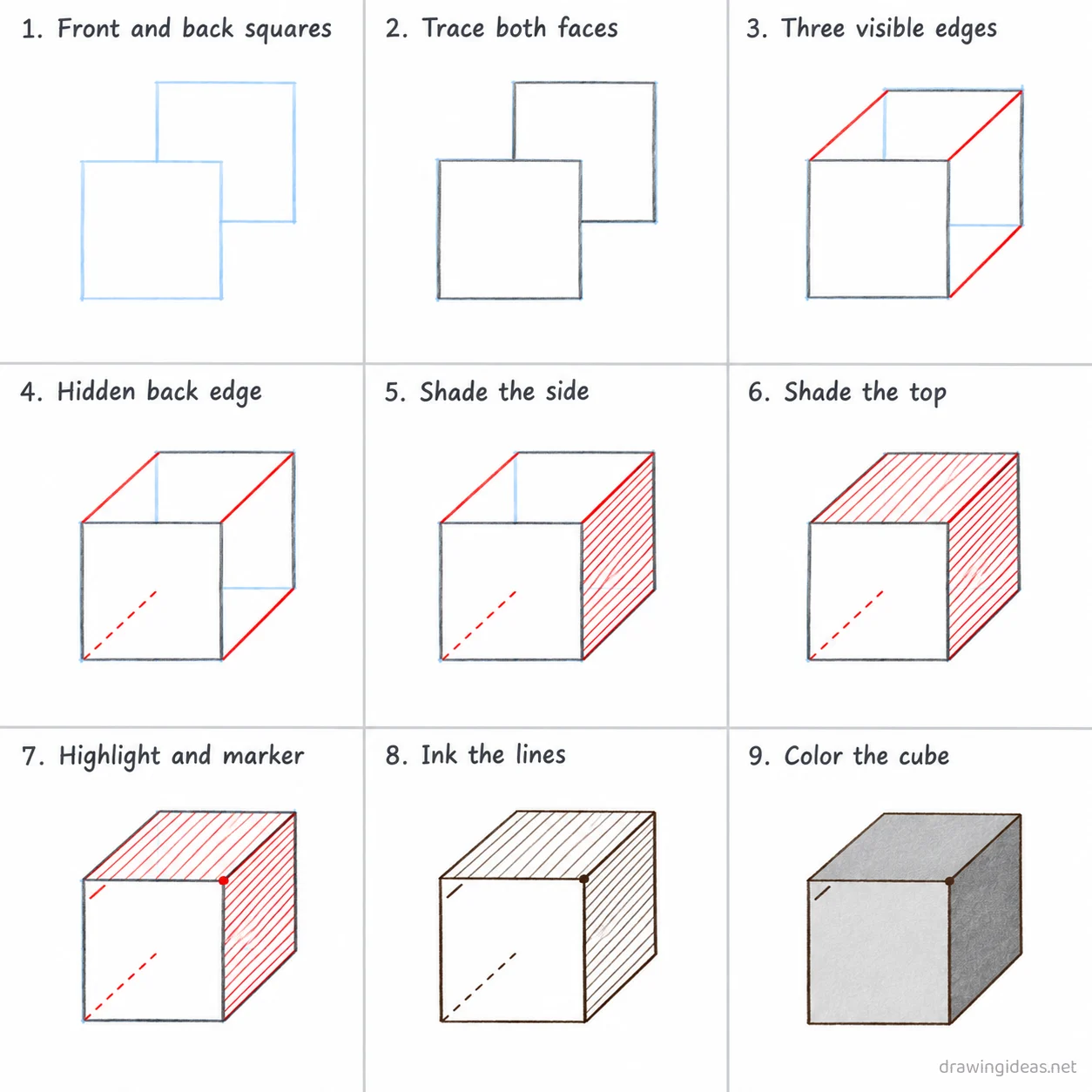 How to draw a cube step by step — 9-step cube drawing tutorial sheet