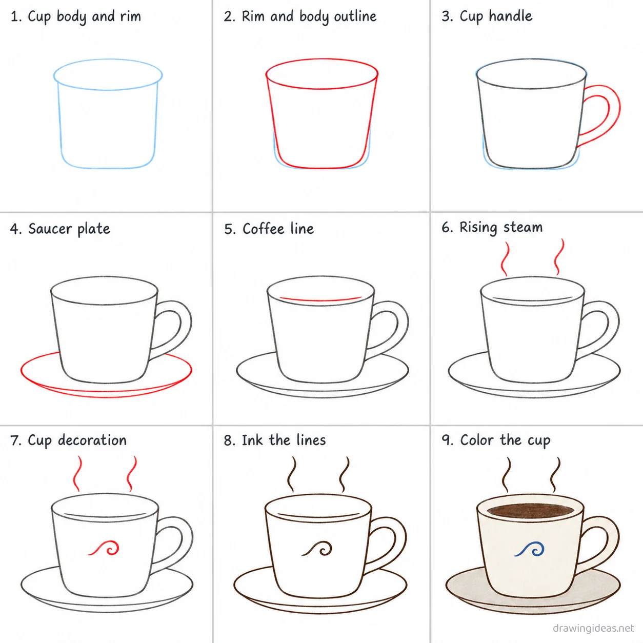 How to draw a cup step by step — 9-step cup drawing tutorial sheet