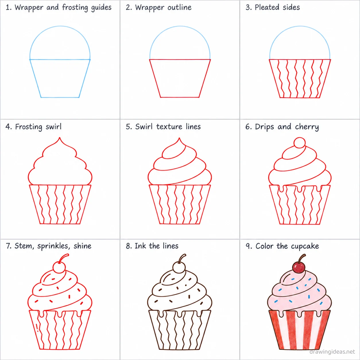 How to draw a cupcake step by step — 9-step cupcake drawing tutorial sheet