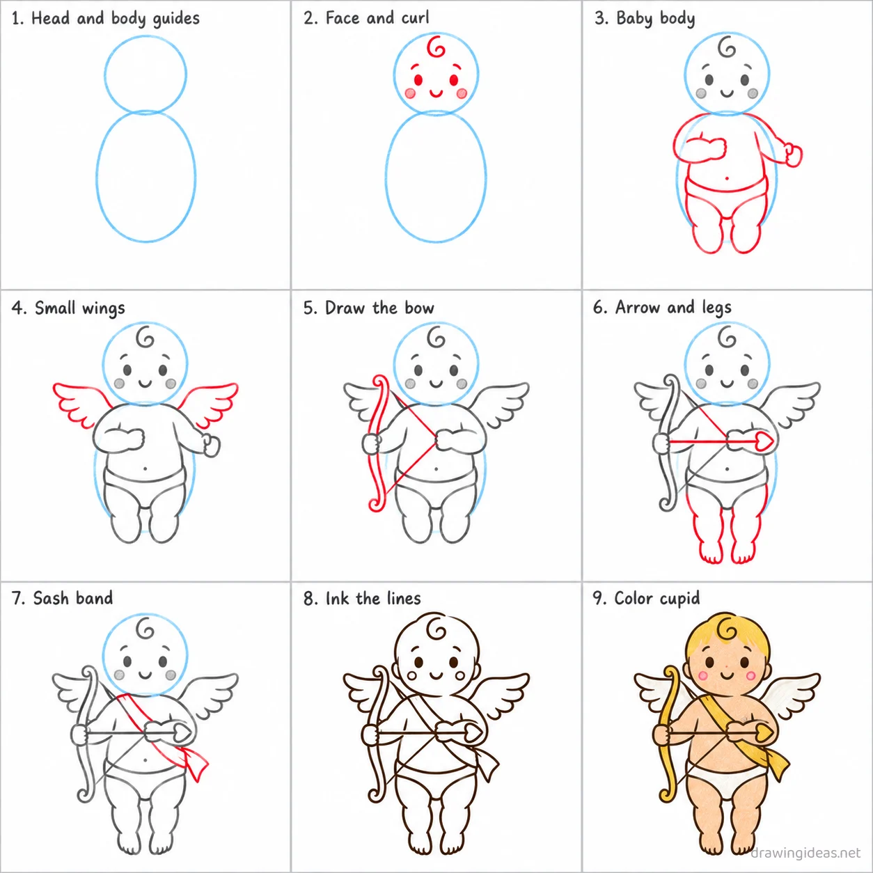How to draw Cupid step by step — 9-step Cupid drawing tutorial sheet