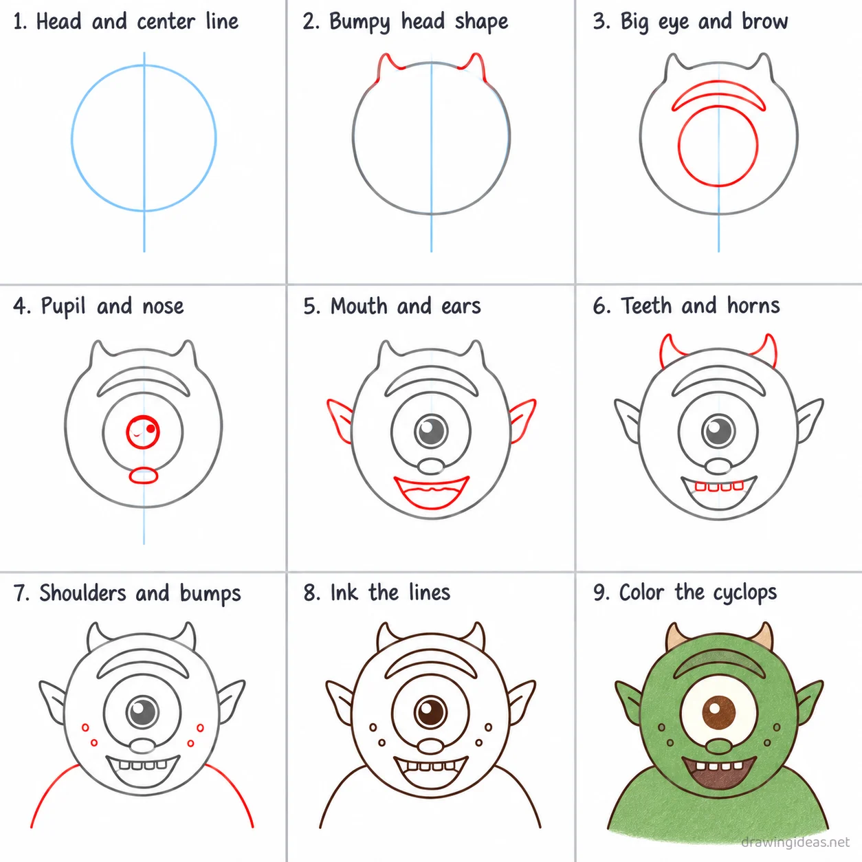 How to draw a cyclops step by step — 9-step cyclops drawing tutorial sheet
