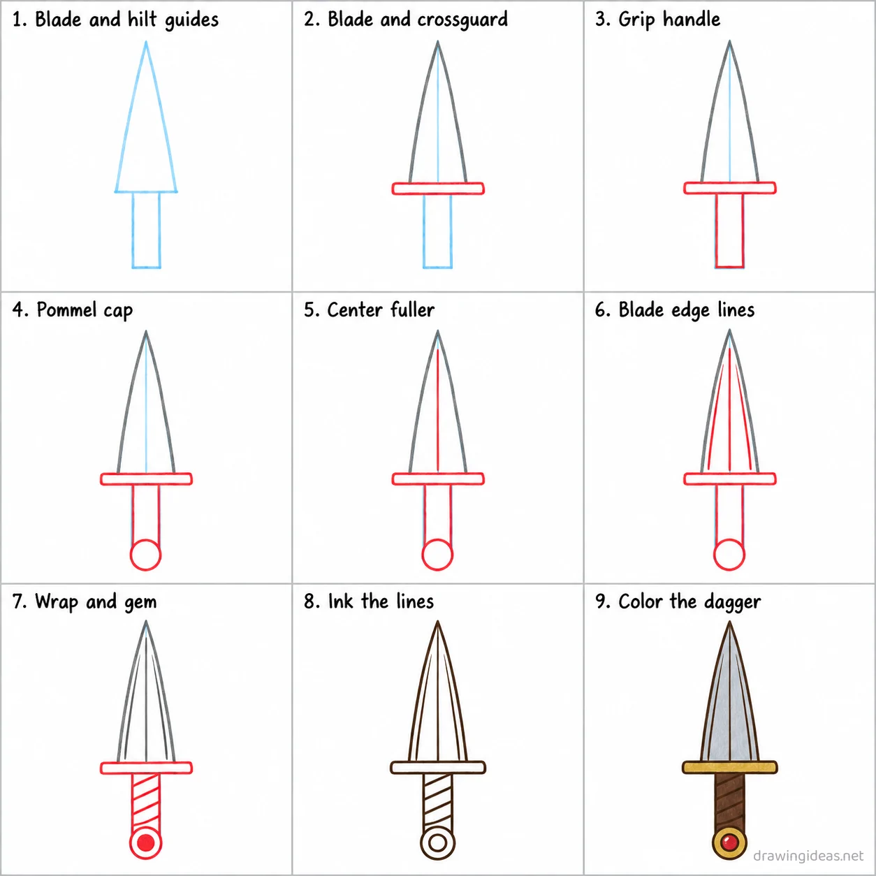 How to draw a dagger step by step — 9-step dagger drawing tutorial sheet