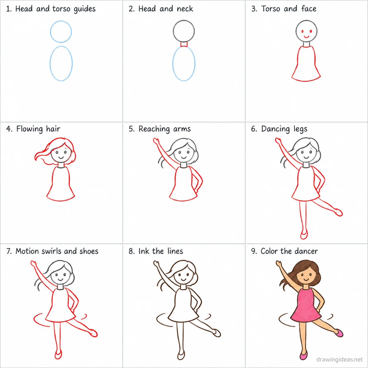 How to draw dancing step by step — 9-step dancing drawing tutorial sheet