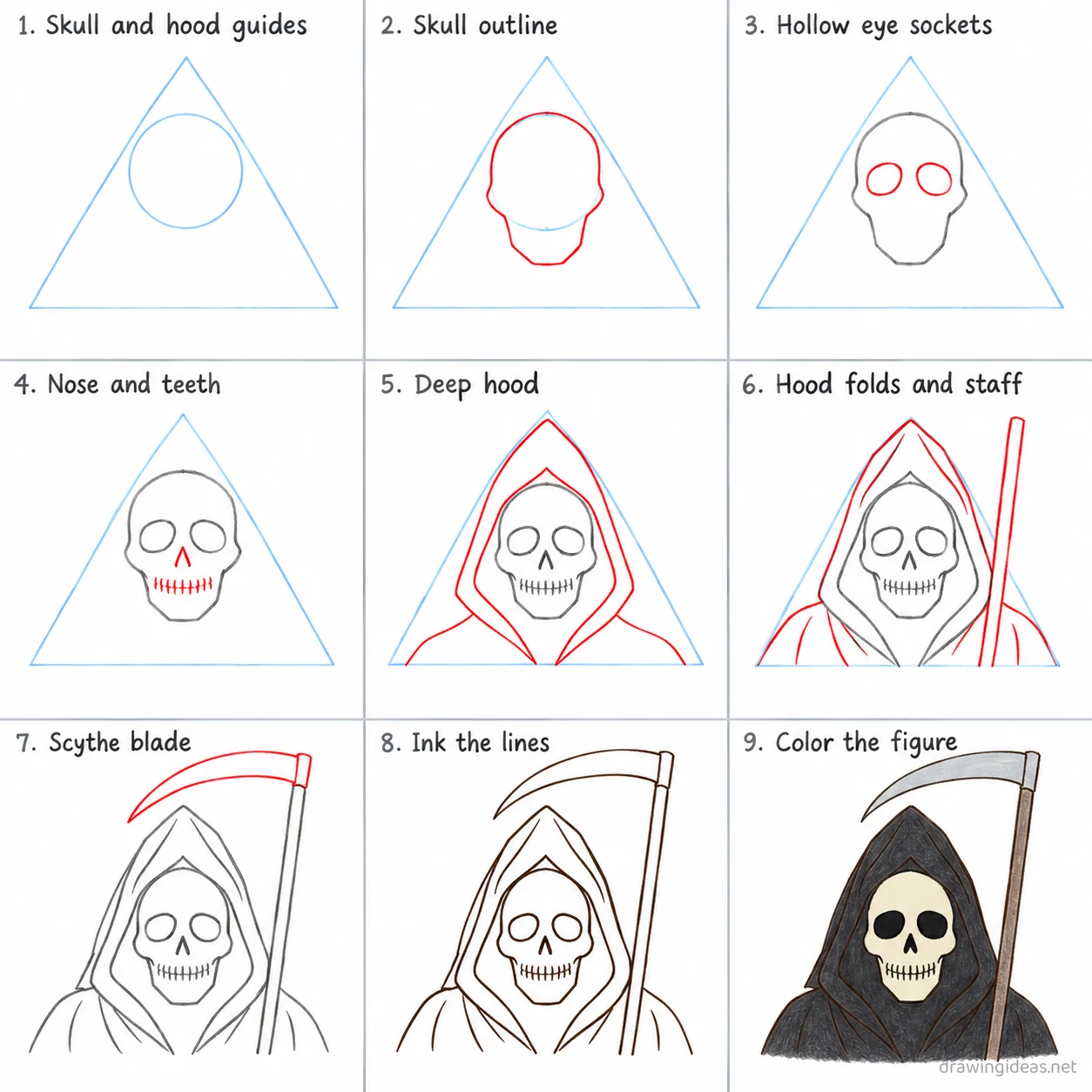 How to draw death step by step — 9-step death drawing tutorial sheet