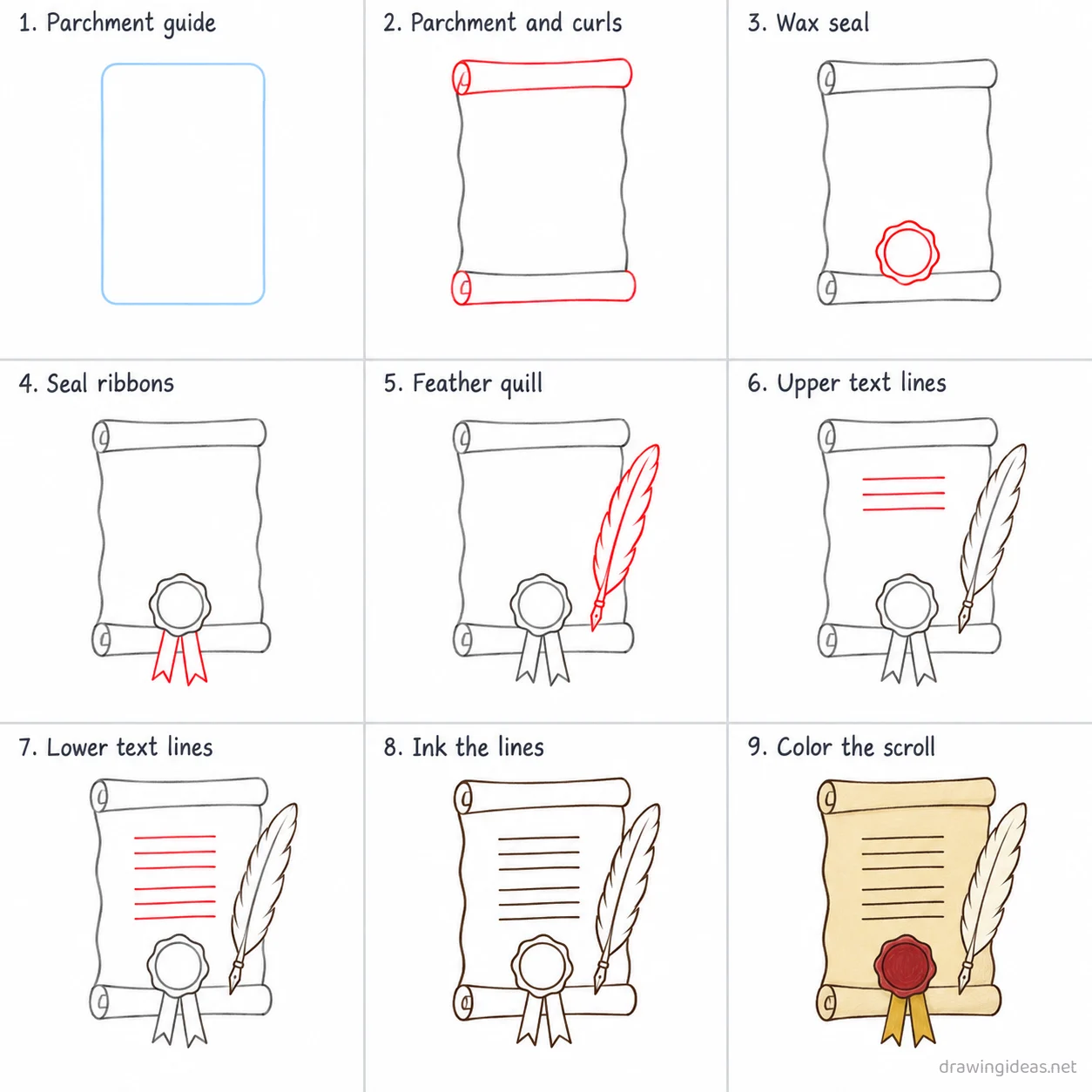 How to draw the Declaration of Independence step by step — 9-step Declaration of Independence drawing tutorial sheet