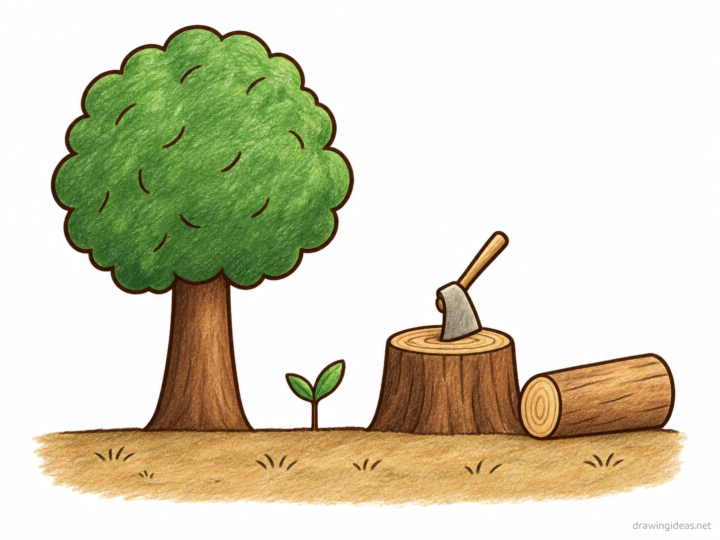 Deforestation drawing — hand-drawn deforestation illustration with ink lines and soft colors