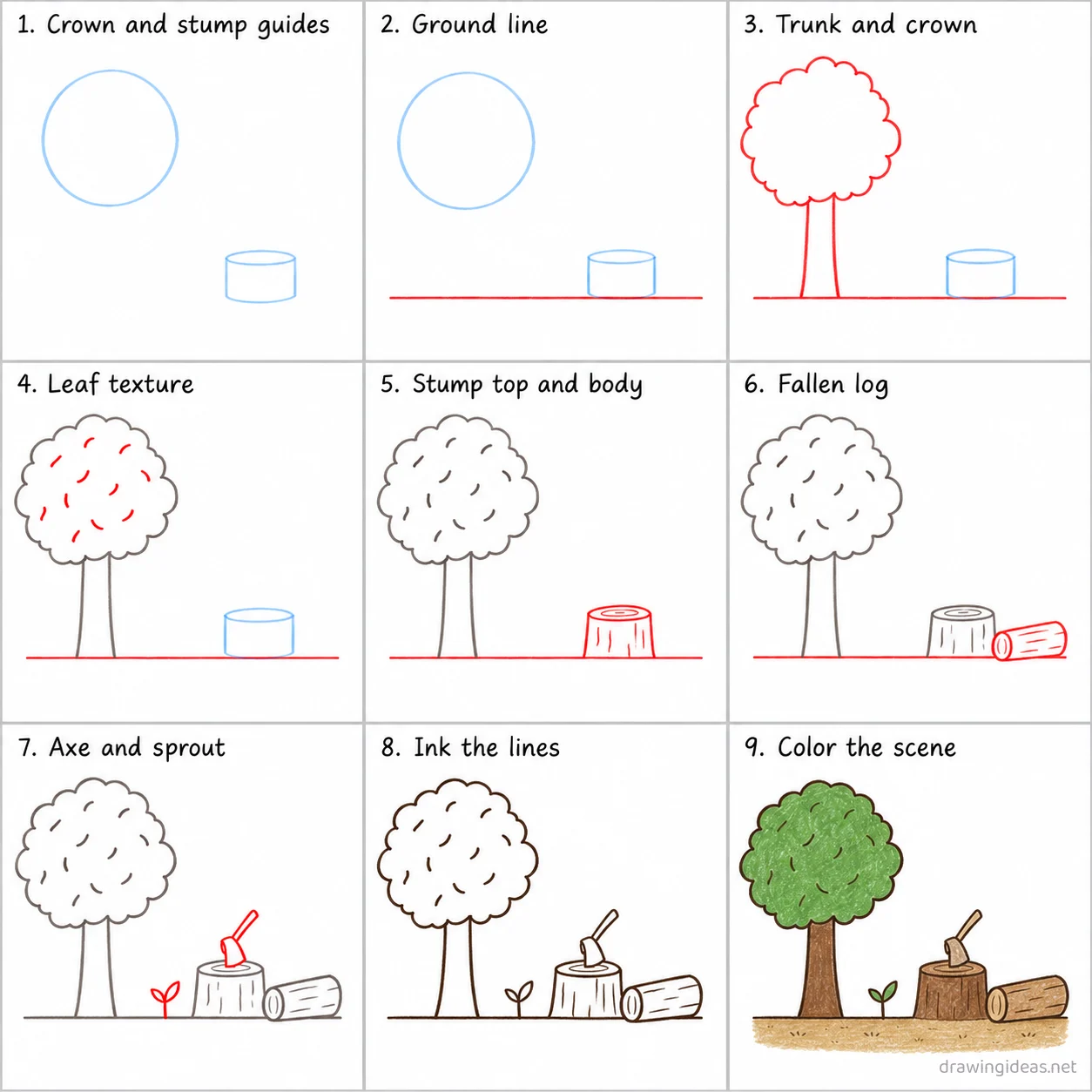 How to draw deforestation step by step — 9-step deforestation drawing tutorial sheet