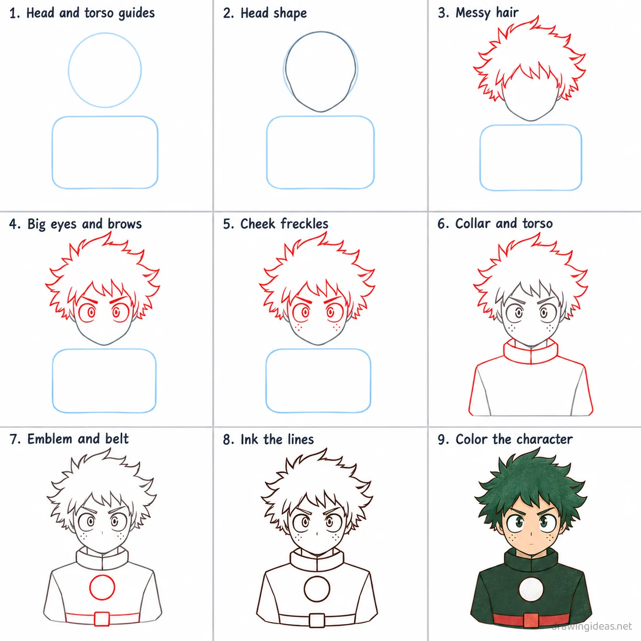 How to draw Deku step by step — 9-step Deku drawing tutorial sheet