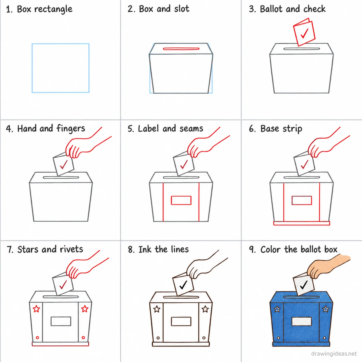 How to draw democracy step by step — 9-step democracy drawing tutorial sheet