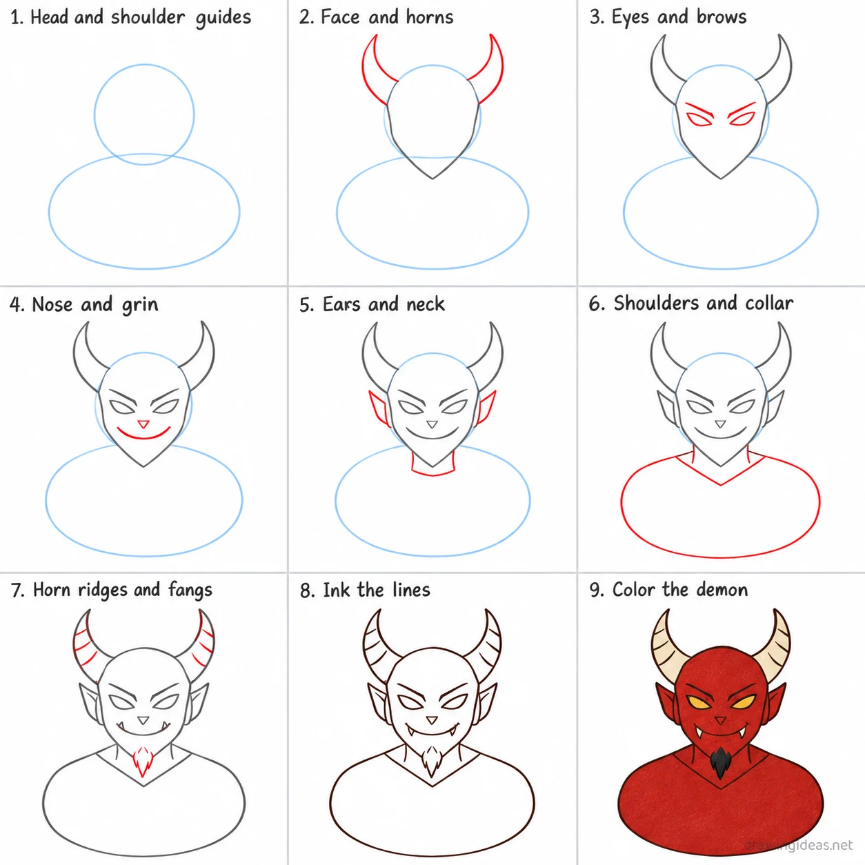 How to draw a demon step by step — 9-step demon drawing tutorial sheet