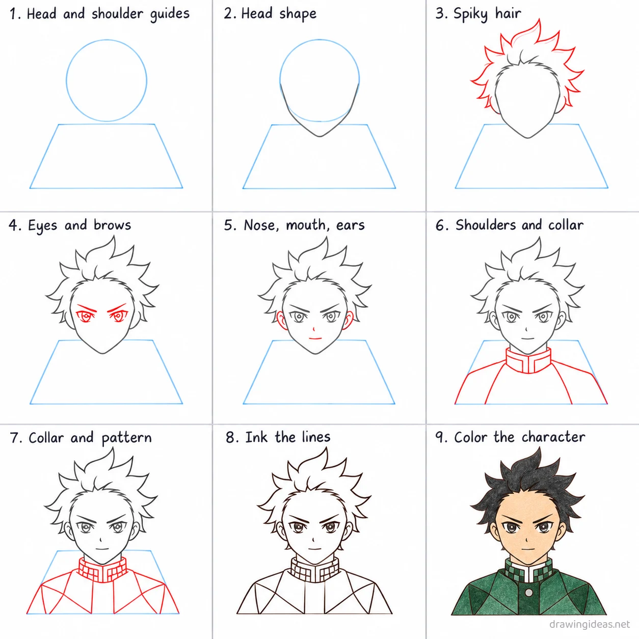 How to draw Demon Slayer step by step — 9-step Demon Slayer drawing tutorial sheet